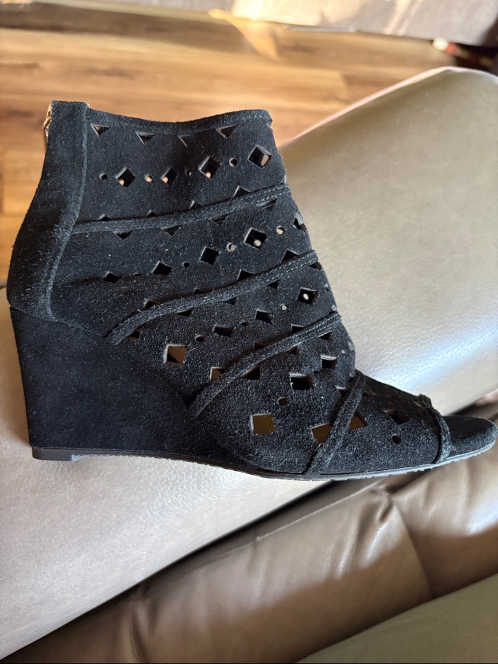 MICHAEL Michael Kors Black Suede Laser-Cut Peep-Toe Wedge Sandals